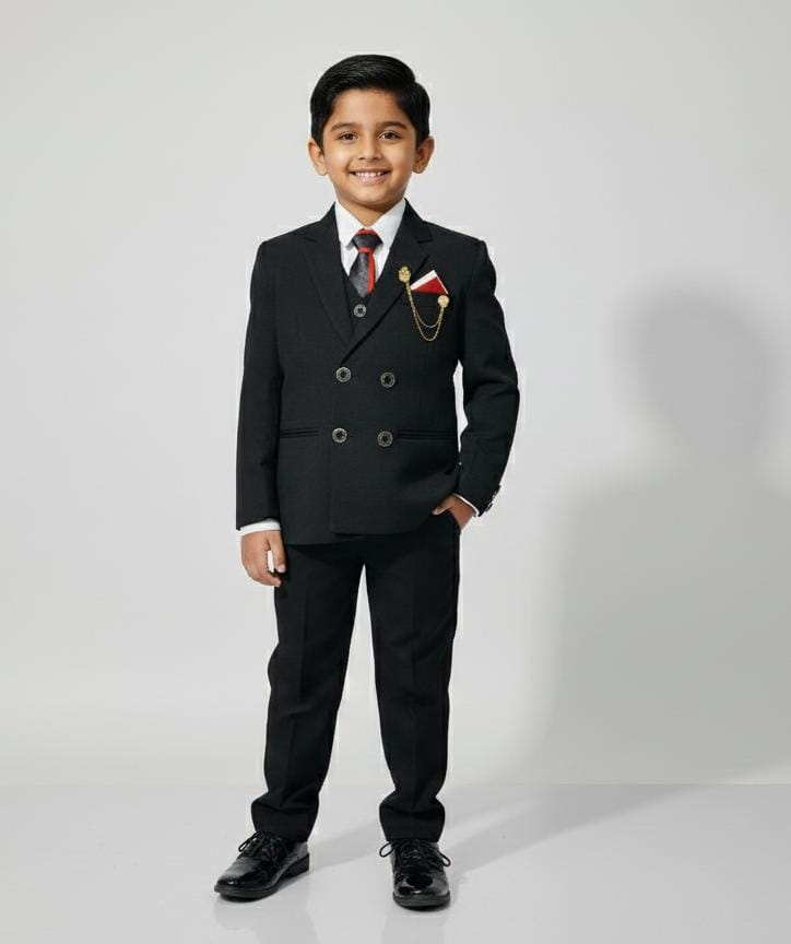 Boys Formal Coat Pant 4-Piece Set – Premium Black Suit (Ages 2–11 Years)
