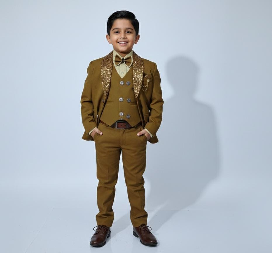 Boys Classic Golden Brown 4-Piece Coat Pant Set (Ages 2 to 11 Years)