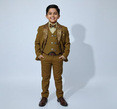 Boys Classic Golden Brown 4-Piece Coat Pant Set (Ages 2 to 11 Years)