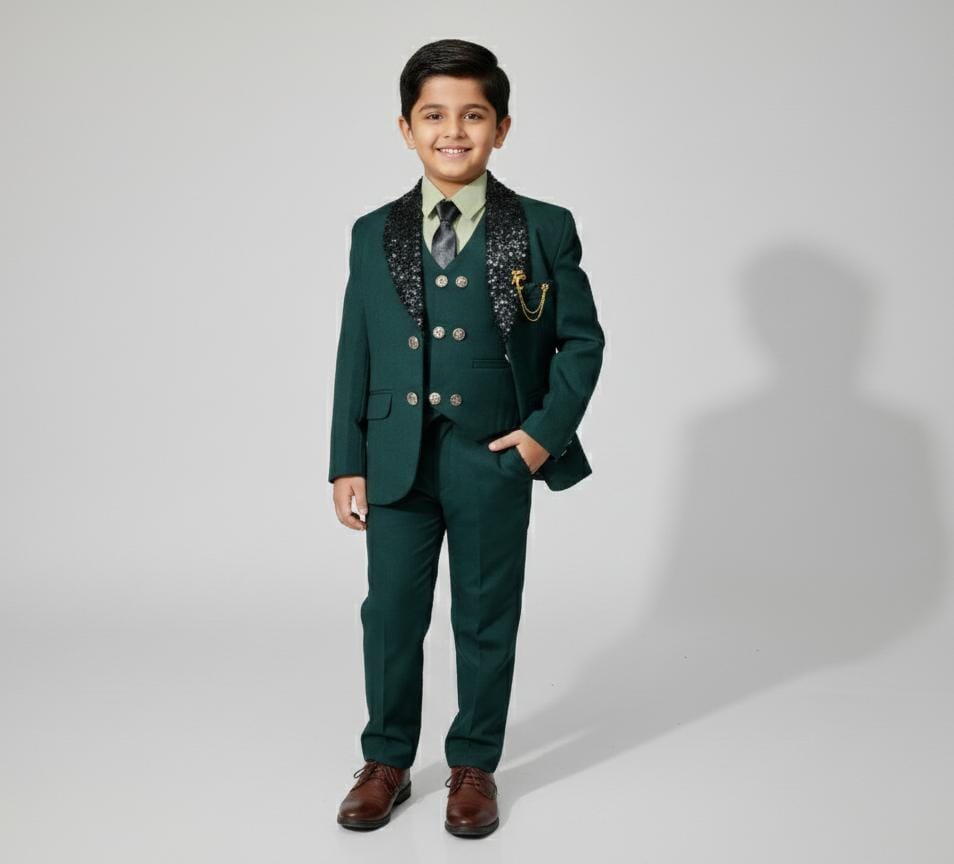 Boys Premium Emerald Green 4-Piece Coat Pant Set (Ages 2 to 11 Years)