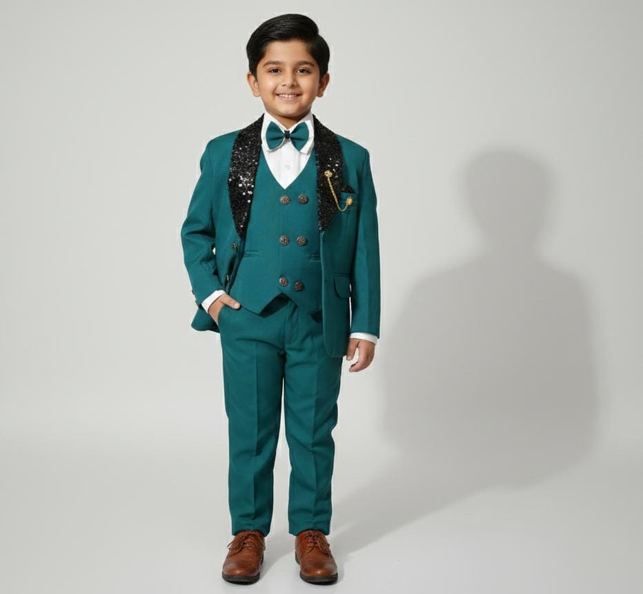 Boys Stylish Teal Green 4-Piece Coat Pant Set (Ages 2 to 11 Years)