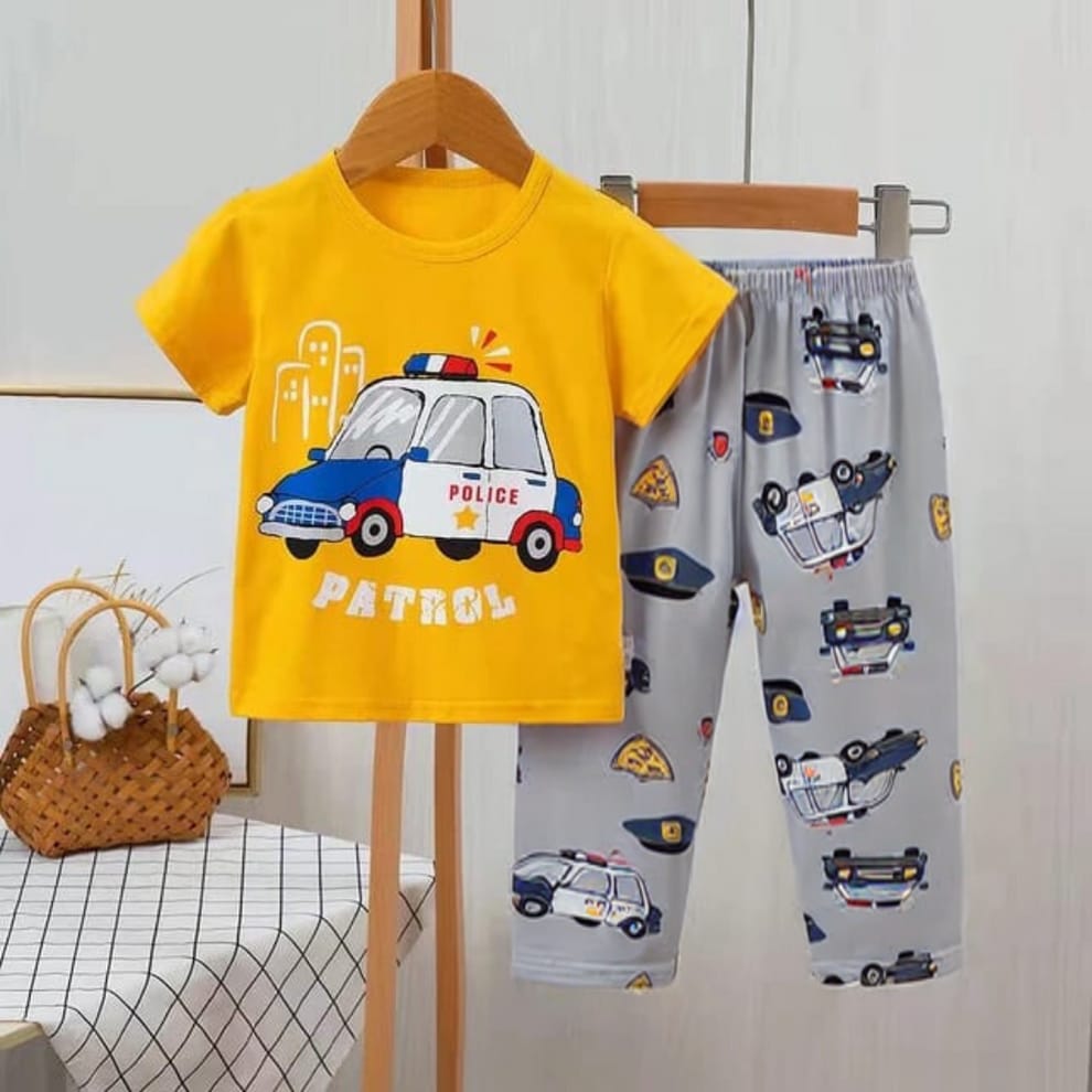 YELLOW POLICE CAR PRINTED KIDS WEAR
