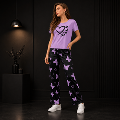 Butterfly Print Women’s Night Suit Set – Purple Half Sleeve T-Shirt & Black Pajama Lounge Wear
