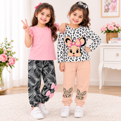 Pink Butterfly Trouser & Pink Flutter Sleeve Top with Leaf Print Trouser Pack of two