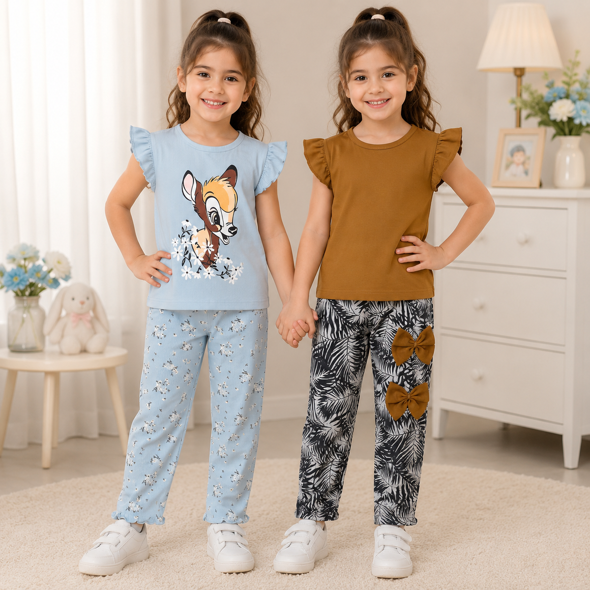 Girls Cotton Flutter Sleeve T-Shirt & Printed Trouser 2-Piece  Pack of two