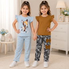 Girls Cotton Flutter Sleeve T-Shirt & Printed Trouser 2-Piece  Pack of two