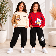 Girls Winter Cream Bear with Black Trouser & Red Bear Print With Black Trouser Suit Set ( Pack of Two )