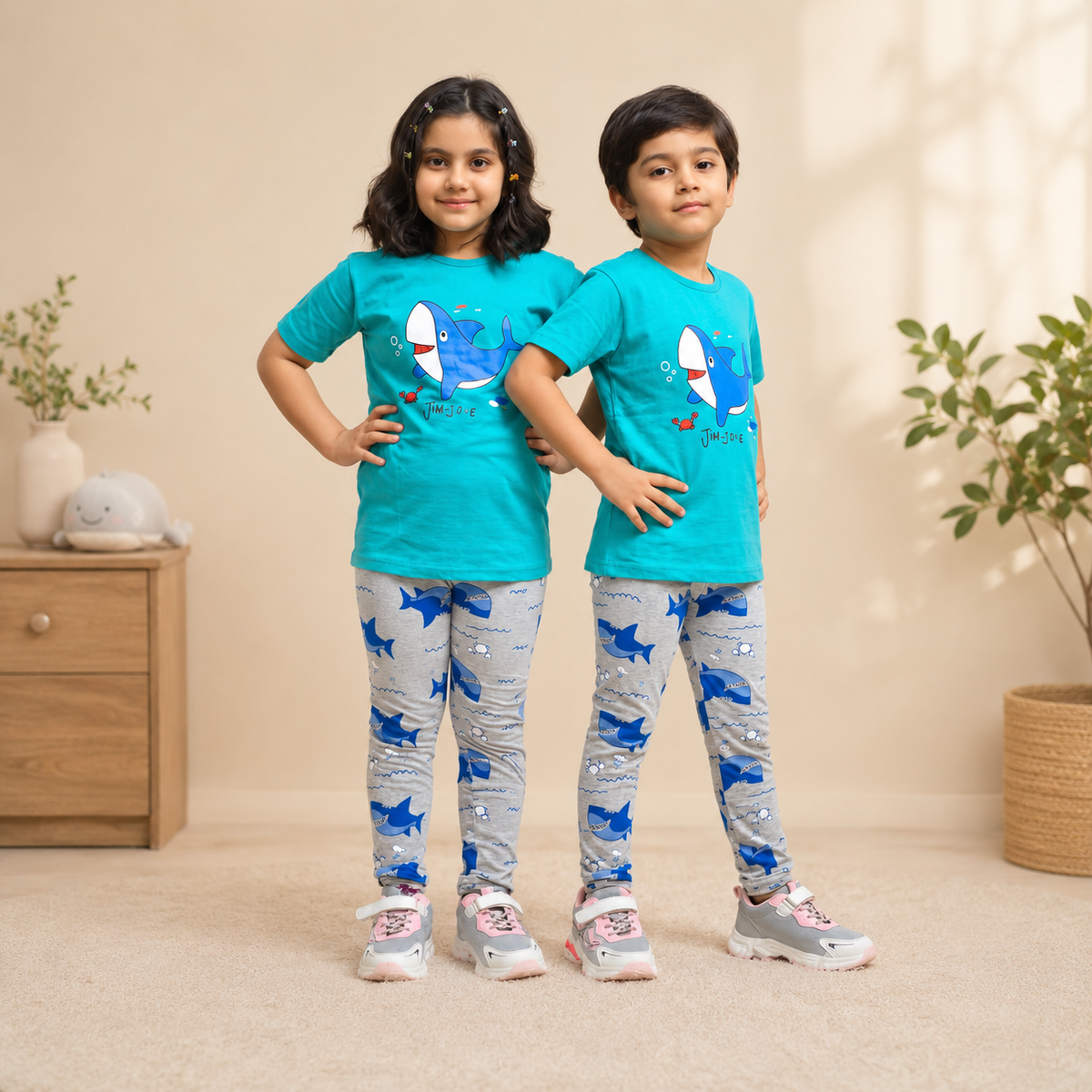 Baby Or Baba Green Shark Print Half Sleeves T-shirt With Printed Pajama Night Suit for Kids (1 Pcs)