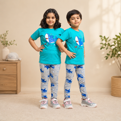 Baby Or Baba Green Shark Print Half Sleeves T-shirt With Printed Pajama Night Suit for Kids (1 Pcs)