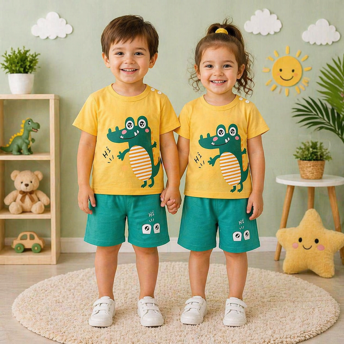 YELLOW HI DINO PRINTED KIDS SHORT SLEEVE KIDS WEAR