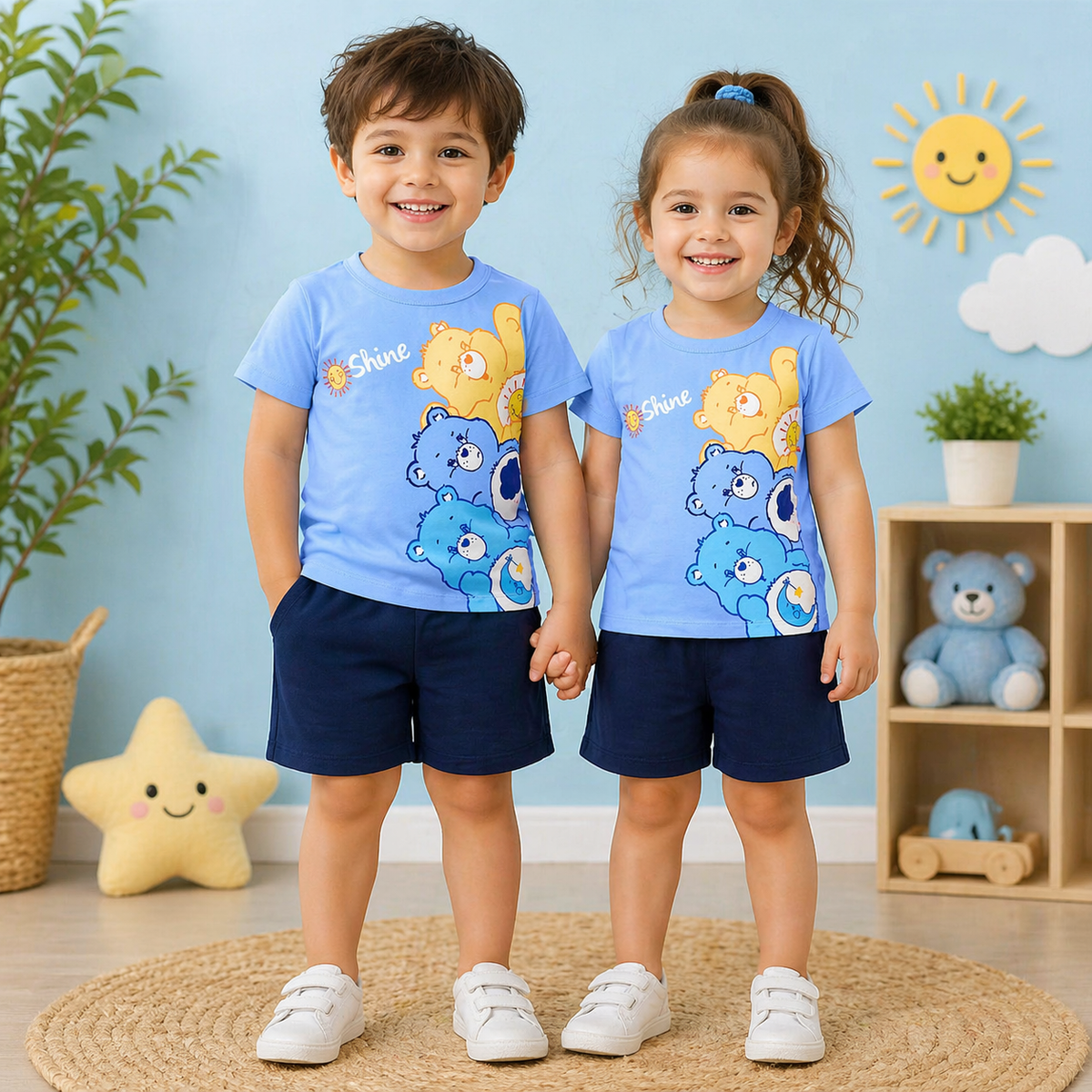BLUE CARE BEAR PRINT SHORT-SLEEVE TEE & SHORTS SET