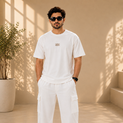 White Drop-Shoulder T-Shirt with Center Logo Unisex
