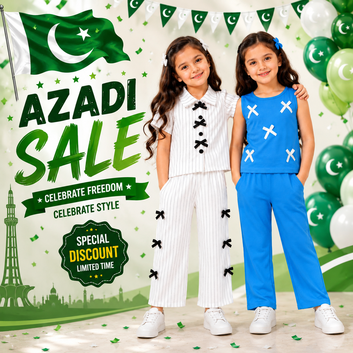 White Ribbon Stripe Co-Ord Set & Blue Ribbon Sleeveless Co-Ord Set for Girls (Pack of 2) D10