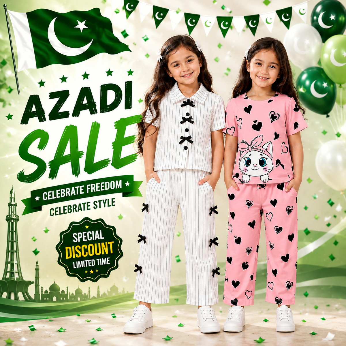 White Ribbon Stripe Co-Ord Set & Pink Kitty Hearts Cotton Co-Ord Set for Girls (Pack of 2) D9