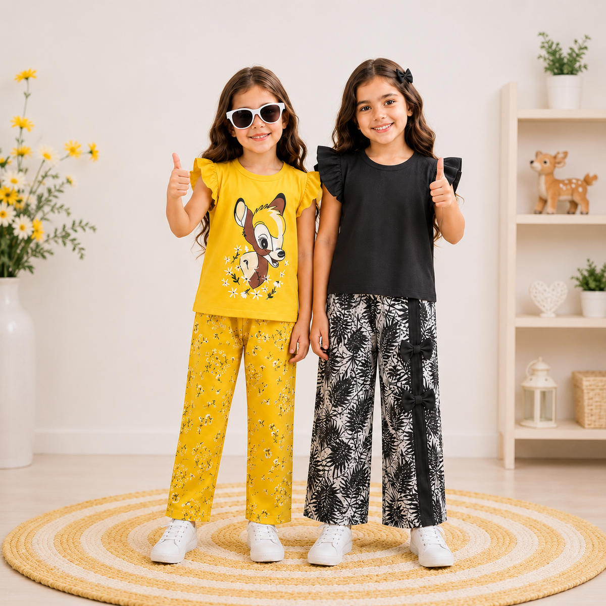 Black Short Shirt And Riboon Pajama + Yellow Cute Girl Set (Pack of 2)