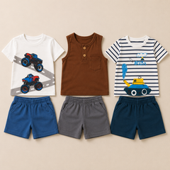 Monster Truck, Brown Tank &amp; Construction Vehicle T-Shirt with Shorts (Pack of 3)