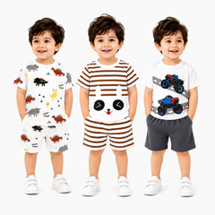 Dinosaur, Bunny & Monster Truck Print T-Shirt with Shorts (Pack of 3)
