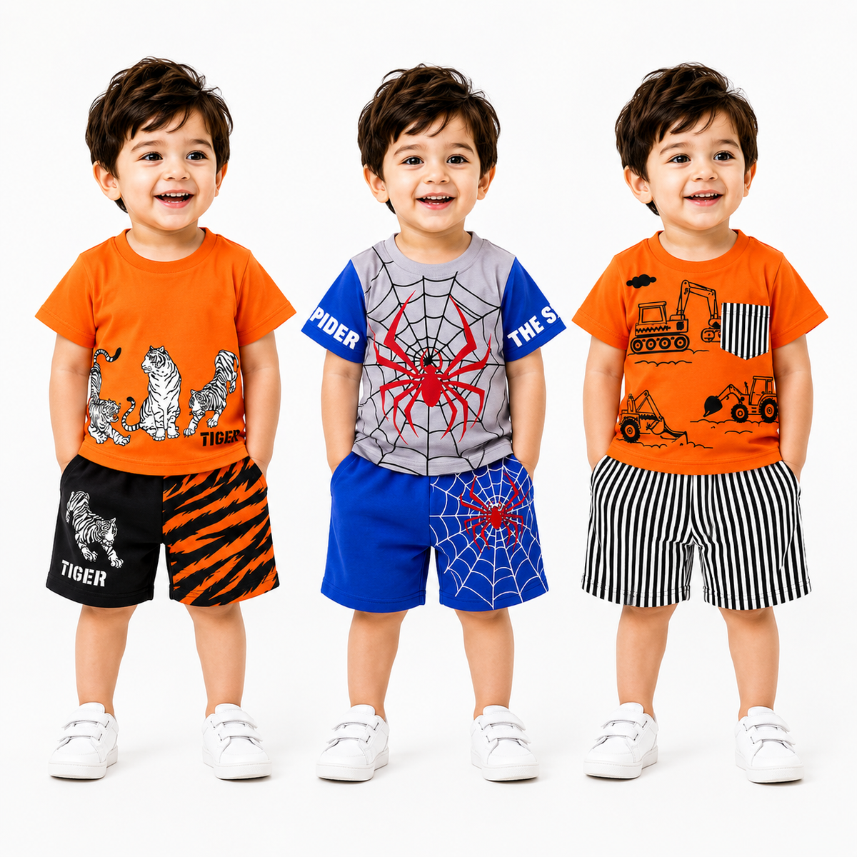 Tiger, Spider & Construction Vehicle Print T-Shirt with Shorts (Pack of 3)