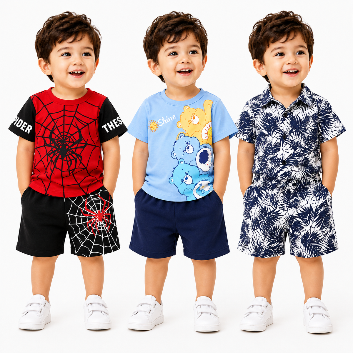 Spider, Care Bears & Tropical Leaf Print T-Shirt with Shorts (Pack of 3)