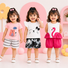 Hello Cat, Cute Kitty &amp; Flamingo Print T-Shirt with Shorts (Pack of 3)