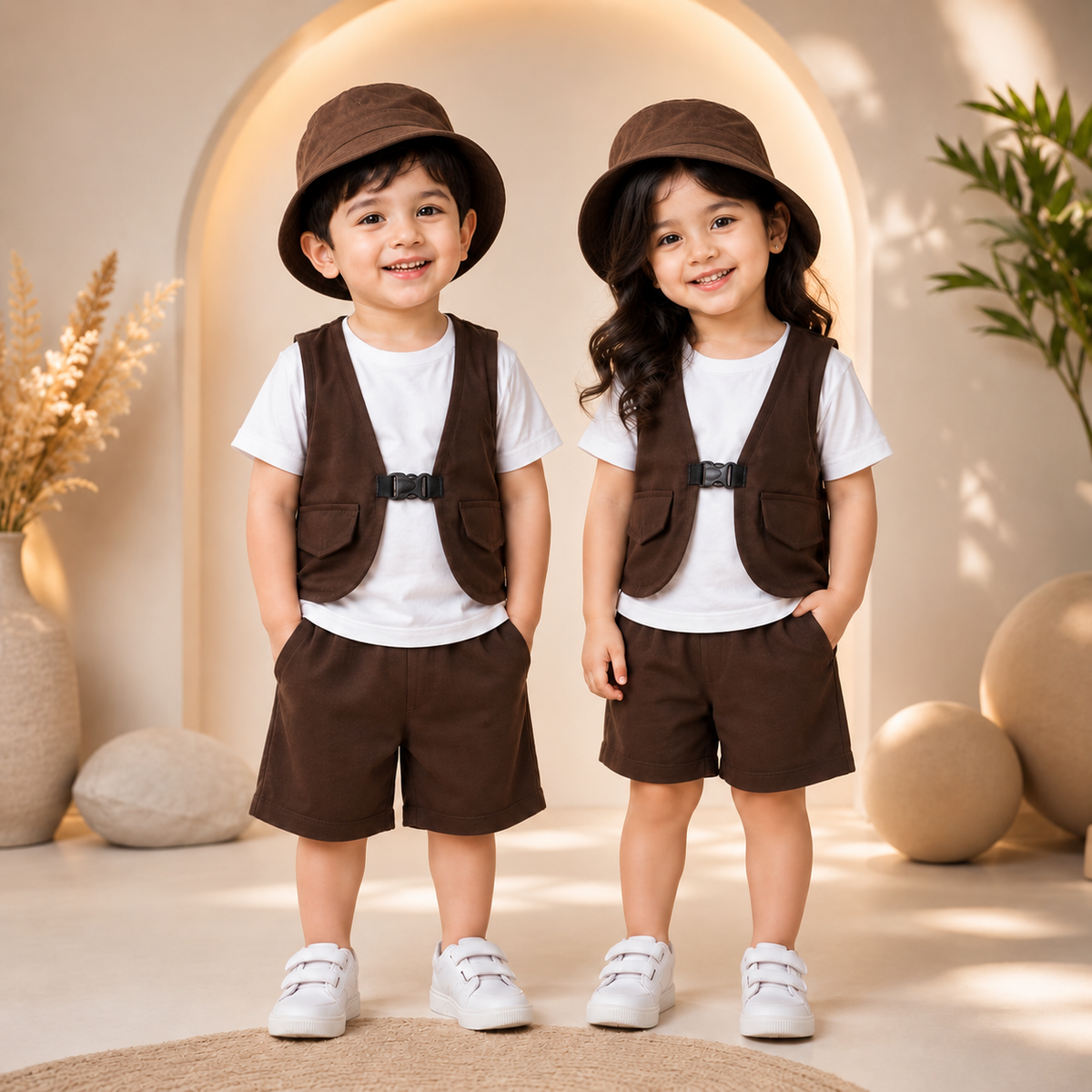 Brown Explorer Vest & Shorts Set with Cap for Kids