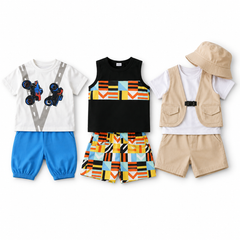 Monster Truck, Geometric Print & Safari Explorer Boys Cotton Outfit Set (Pack of 3)