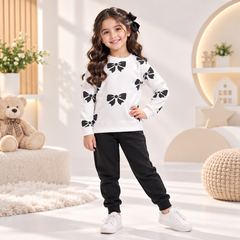 Black Bow Printed Girls’ Co-Ord Set – Premium Casual Wear