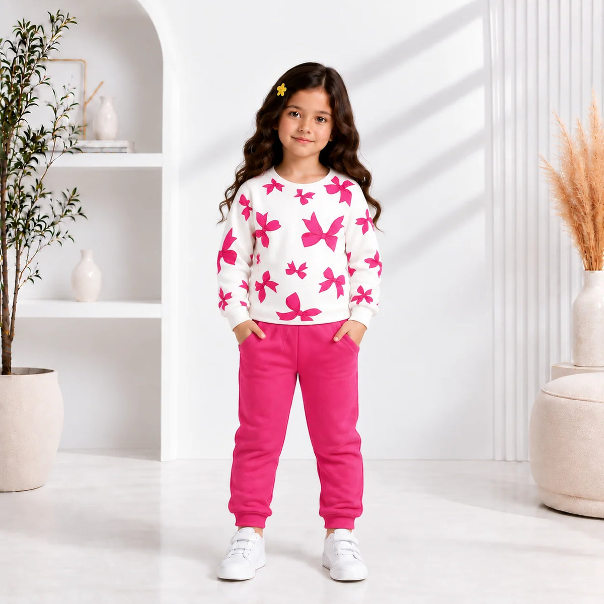Pink Bow Printed Girls’ Co-Ord Set – Premium Casual Wear