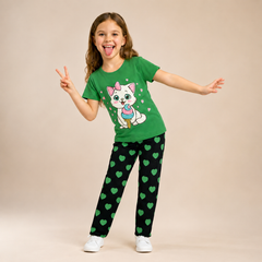GREEN CAT WITH BLACK PAJMA PRINTED KIDS WEAR