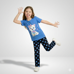 BLUE CAT WITH BLACK PAJMA PRINTED KIDS WEAR