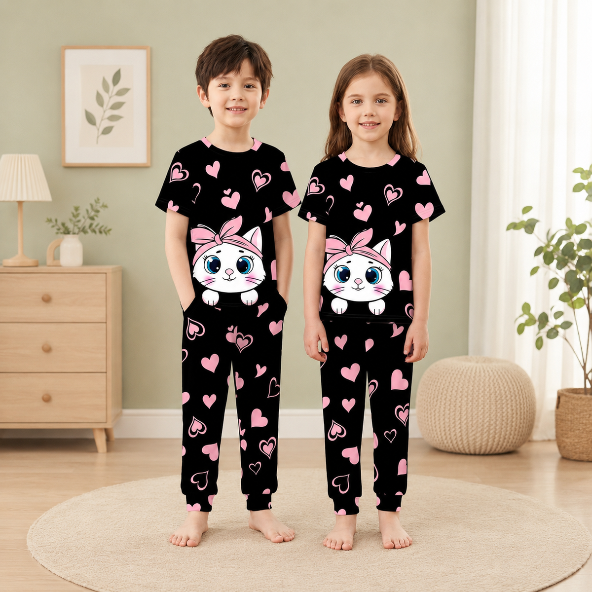 Black Kitty with black hearts  Printed Kids Wear