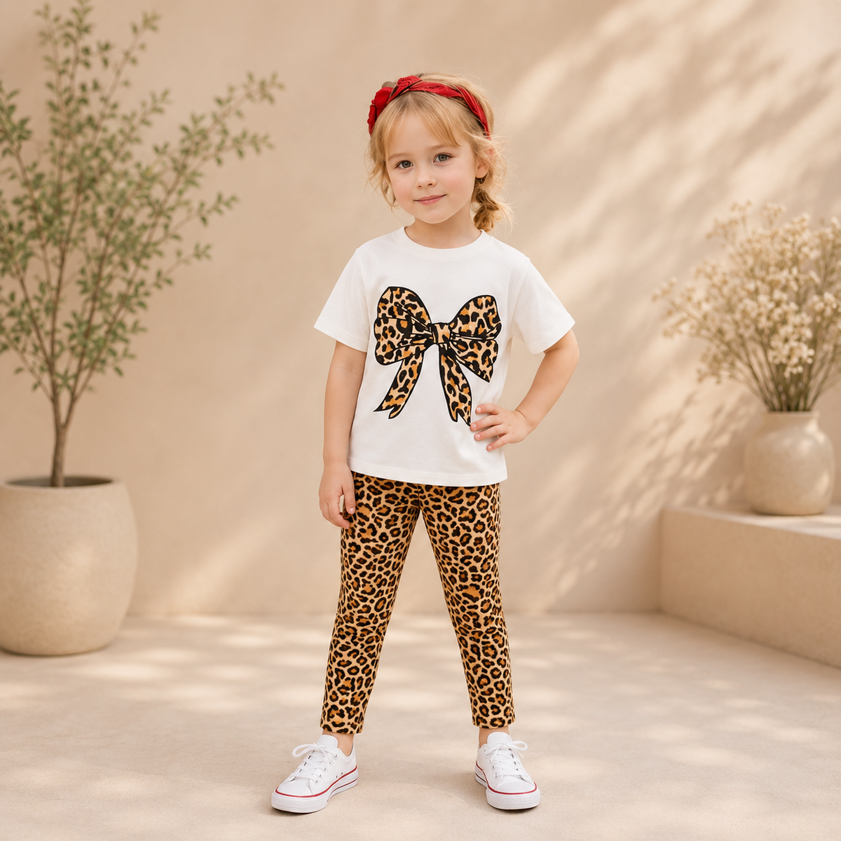 Leopard Bow Kids Co-Ord Set – Trendy T-Shirt & Printed Tights