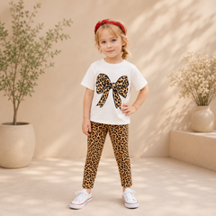 Leopard Bow Kids Co-Ord Set – Trendy T-Shirt & Printed Tights