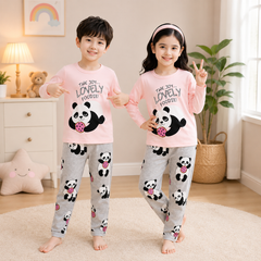 Lovely Panda Kids Pajama Set Pink &amp; Grey – Cute Cartoon Night Suit for Girls