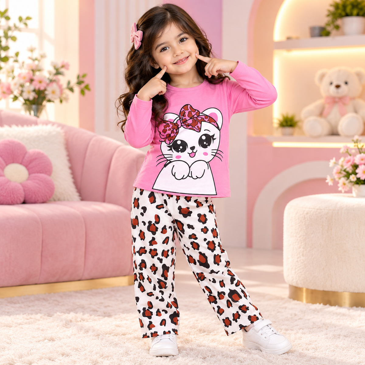 Pink Kitty Print Top with Leopard Print Trouser Set for Girls