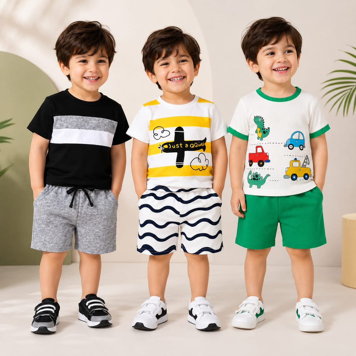 Black Stripe, Yellow Airplane & Dinosaur Cars T-Shirt with Shorts (Pack of 3)