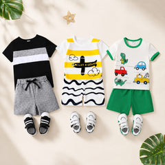 Black Stripe, Yellow Airplane & Dinosaur Cars T-Shirt with Shorts (Pack of 3)