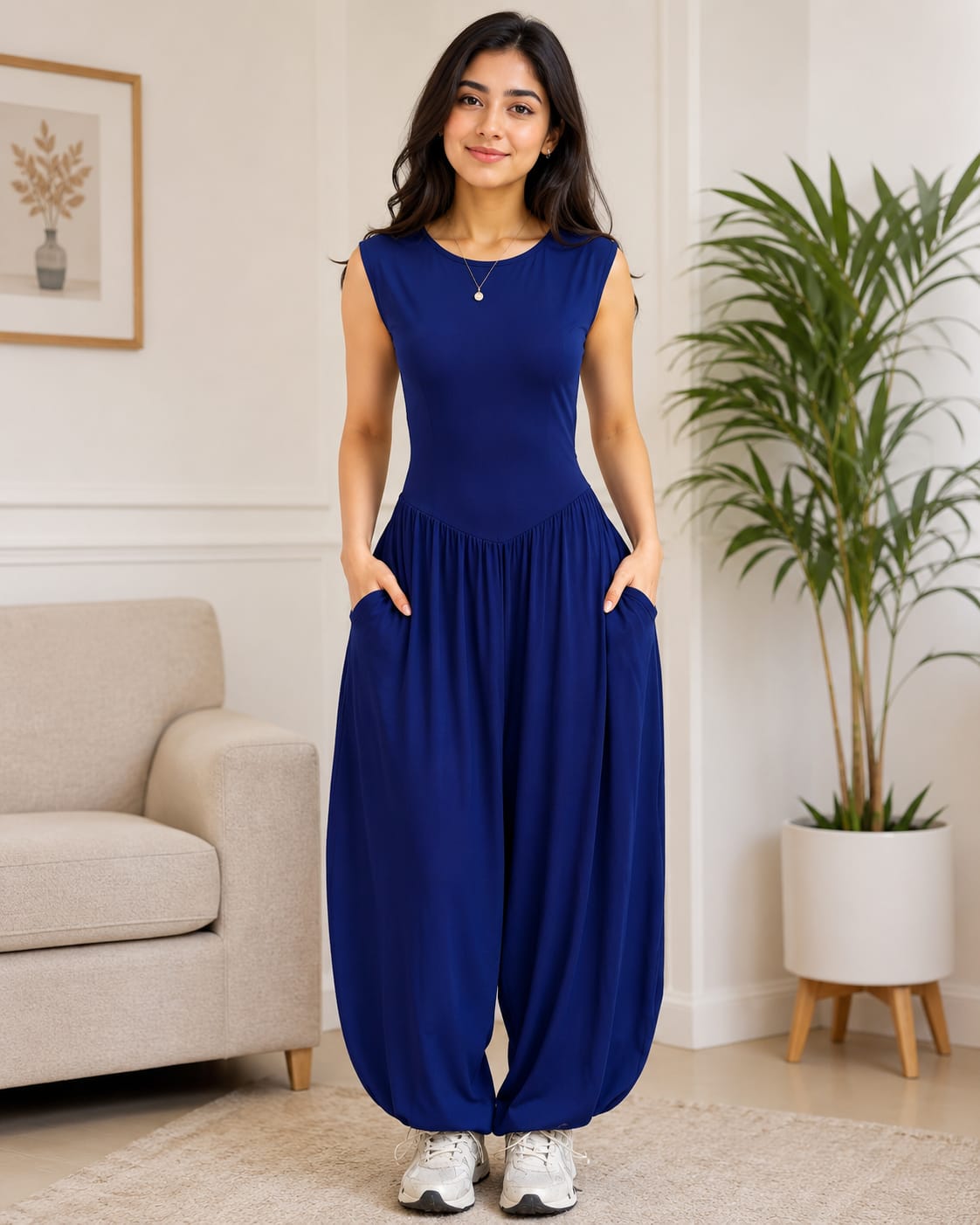 Elegant Royal Blue Sleeveless Wide-Leg Jumpsuit with Pockets