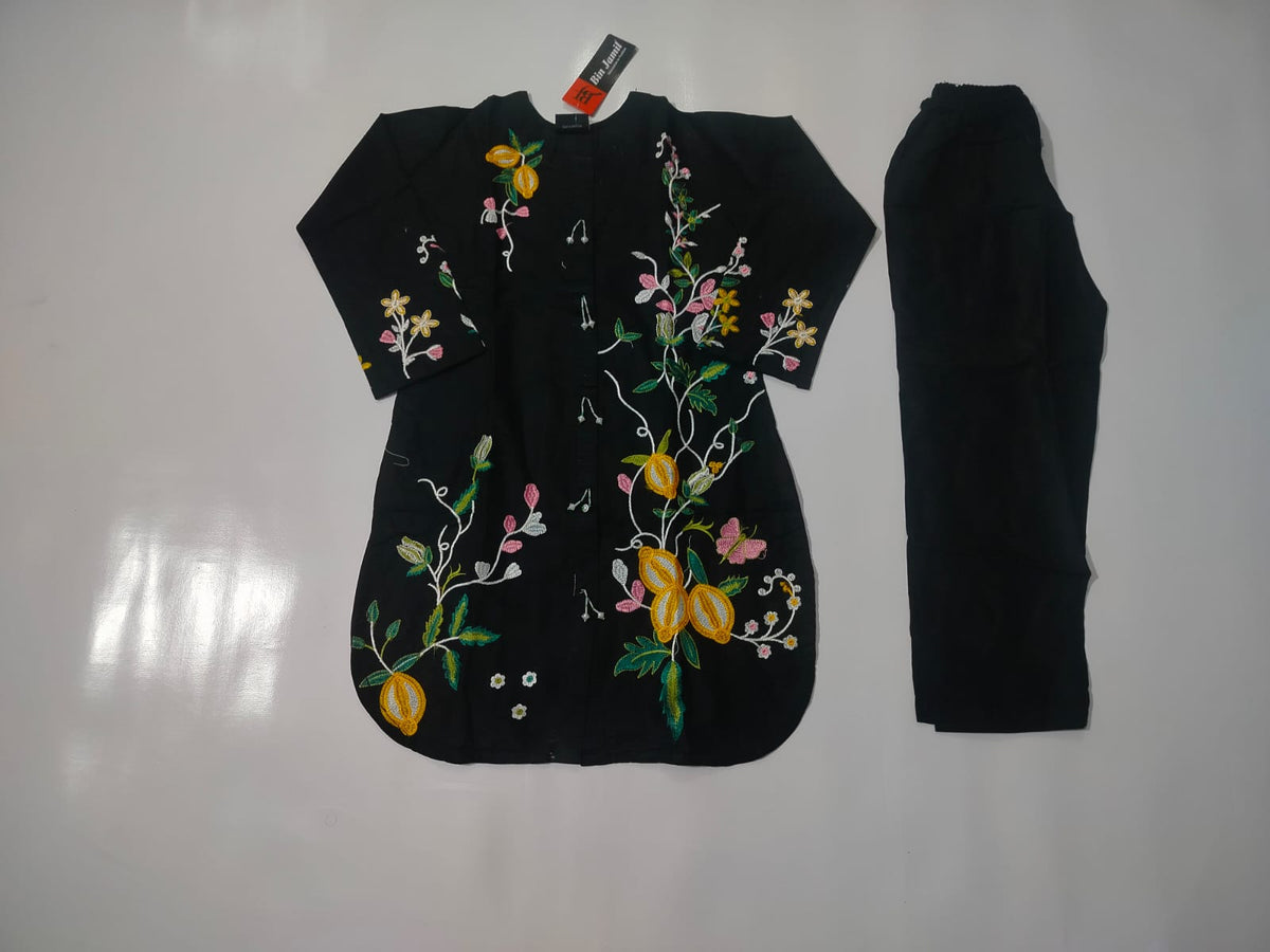 Girls Black Cotton Embroidered Floral Design Ages 6–13 Years