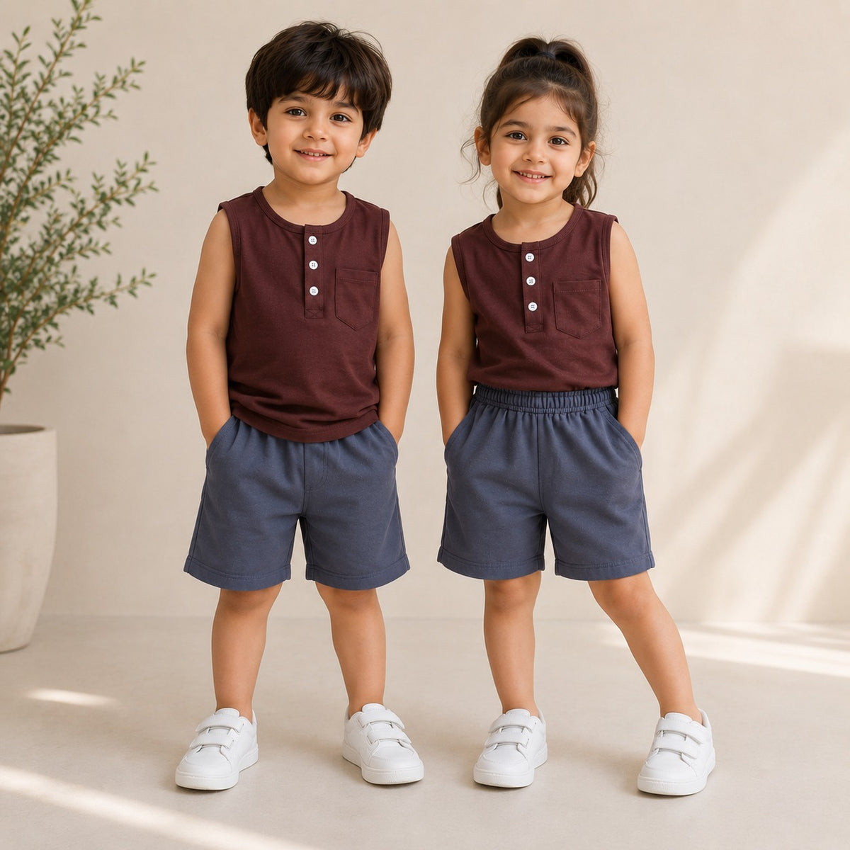 Brown  SLEEVELESS SHORTS SET