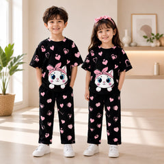 Black Kitty with black hearts  Printed Kids Wear