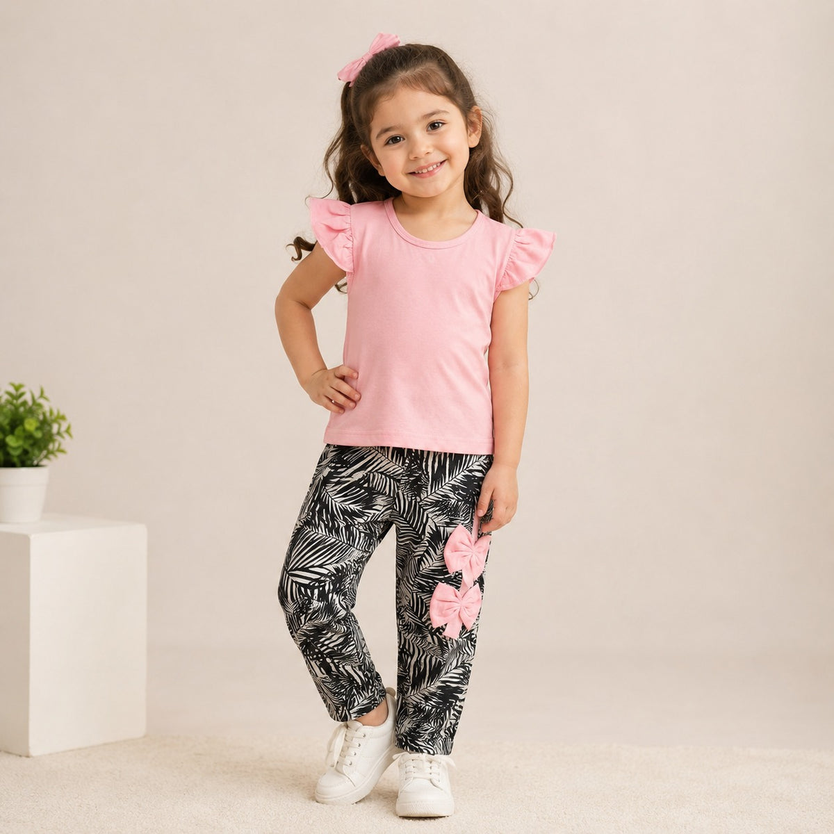 Pink Flutter Sleeve Top & Black White Tropical Print Bow Pants Co-Ord Set for Baby Girls