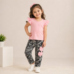 Pink Flutter Sleeve Top & Black White Tropical Print Bow Pants Co-Ord Set for Baby Girls