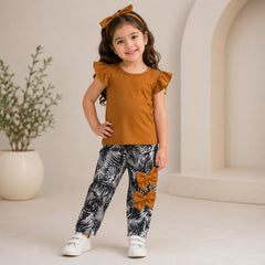 Borwn Flutter Sleeve Top & Black White Tropical Print Bow Pants Co-Ord Set for Baby Girls (Copy)