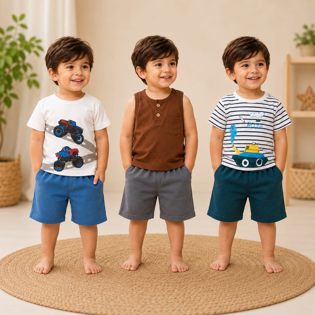 Monster Truck, Brown Tank &amp; Construction Vehicle T-Shirt with Shorts (Pack of 3)
