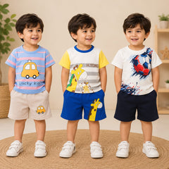 Lucky Car, Giraffe & Football Print T-Shirt with Shorts (Pack of 3)