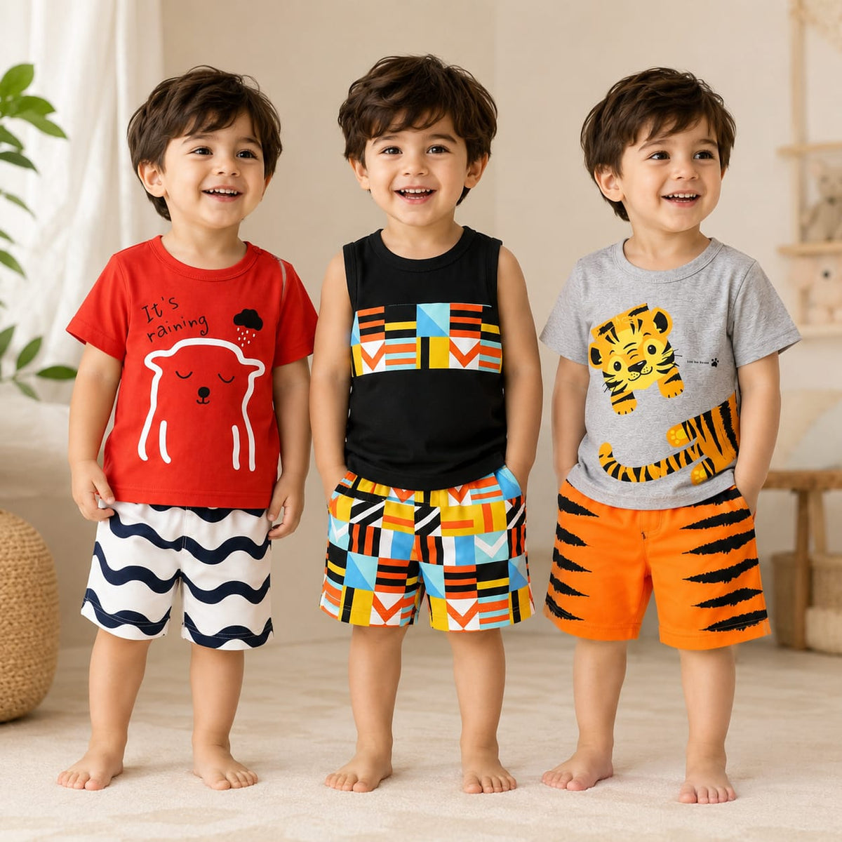 Bear, Geometric & Tiger Print T-Shirt with Shorts (Pack of 3)