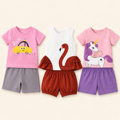Car, Flamingo &amp; Unicorn Print T-Shirt with Shorts (Pack of 3)