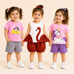 Car, Flamingo &amp; Unicorn Print T-Shirt with Shorts (Pack of 3)