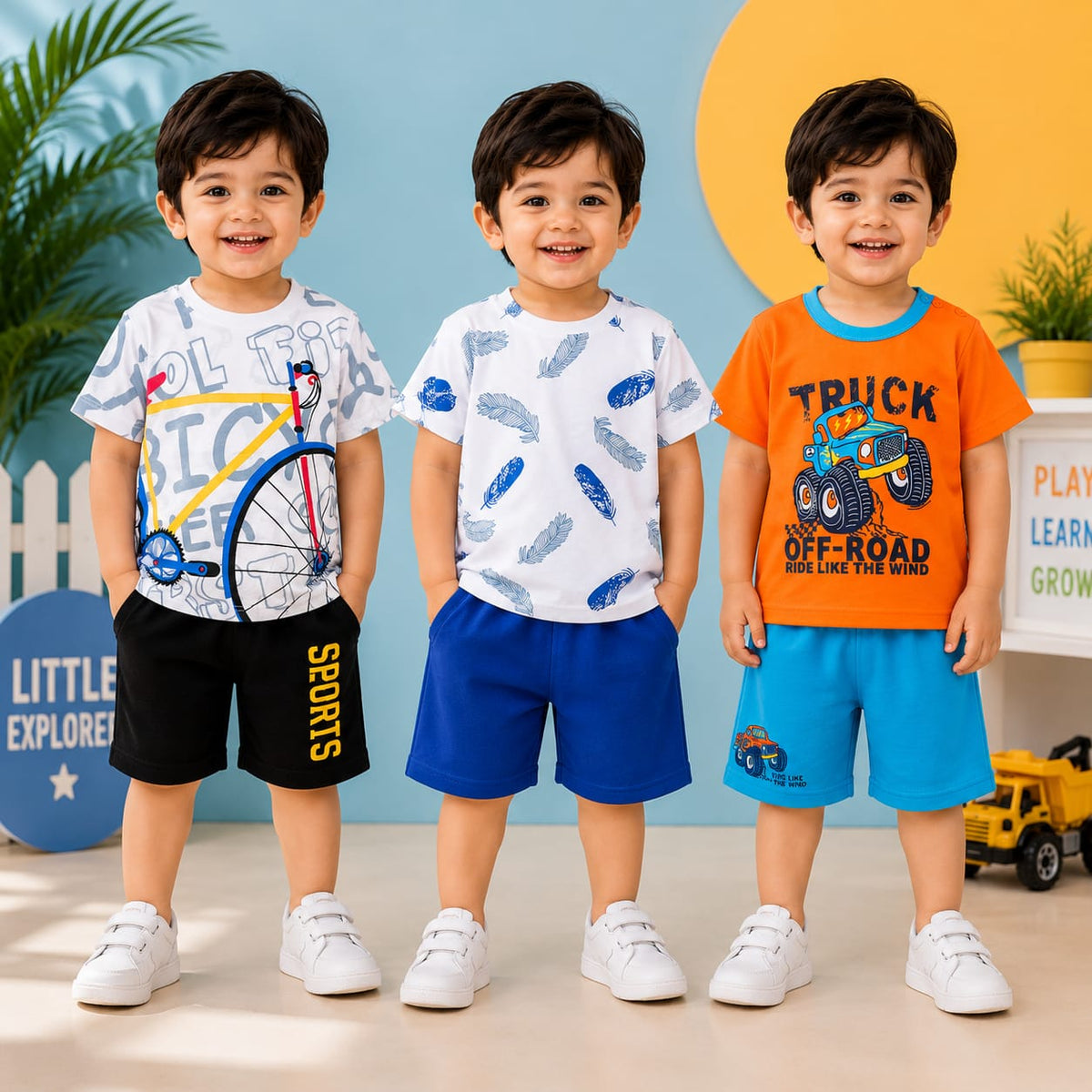 Bicycle, Feather & Monster Truck Print T-Shirt with Shorts (Pack of 3)